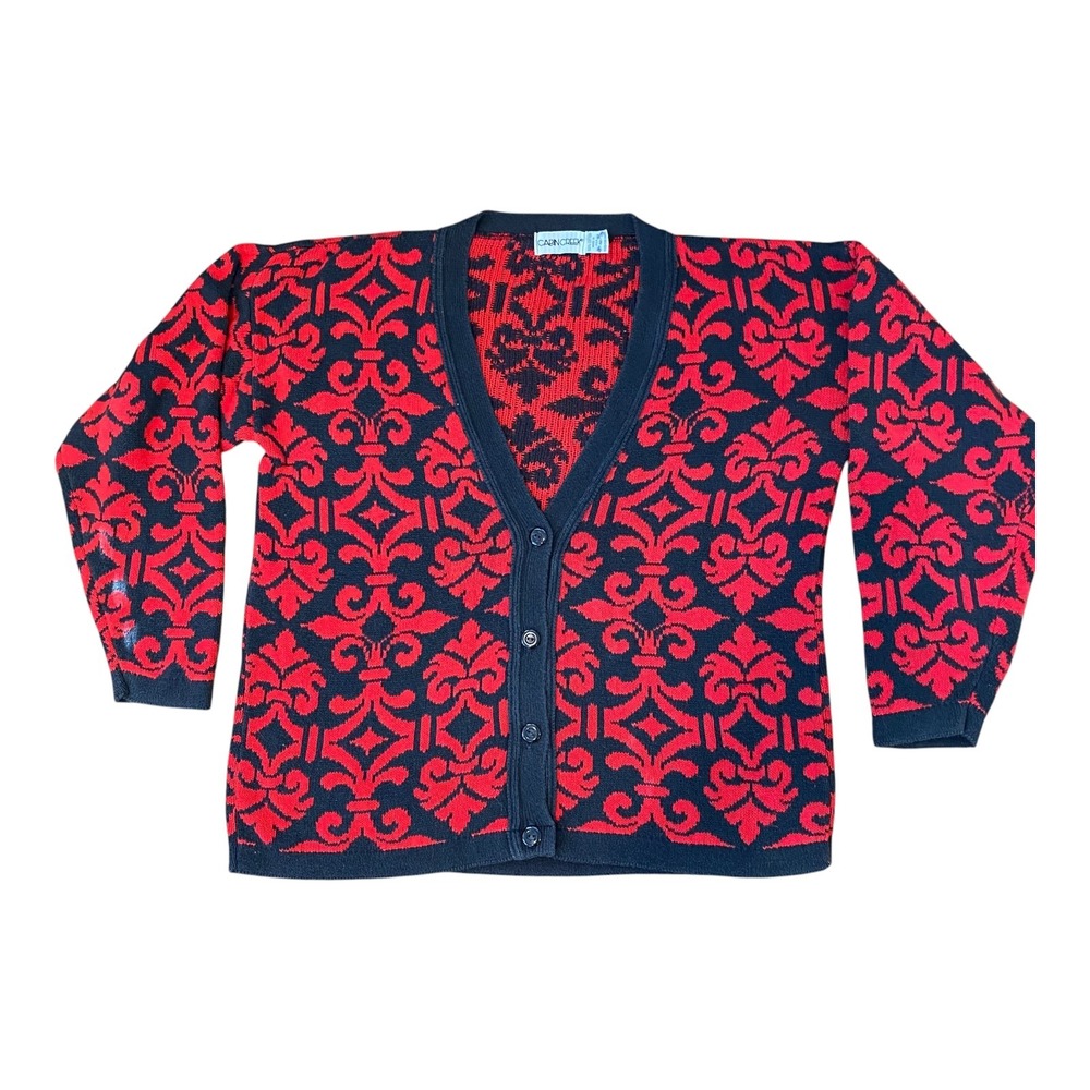 Cabin Creek Cardigan Sweater Women's Medium Red Black Patterned Button Up Cotton